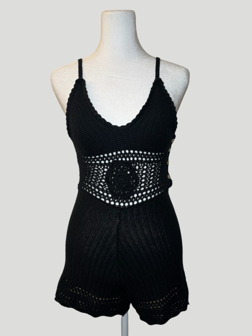 Black Crochet Knit Romper with Waist Flower Detail